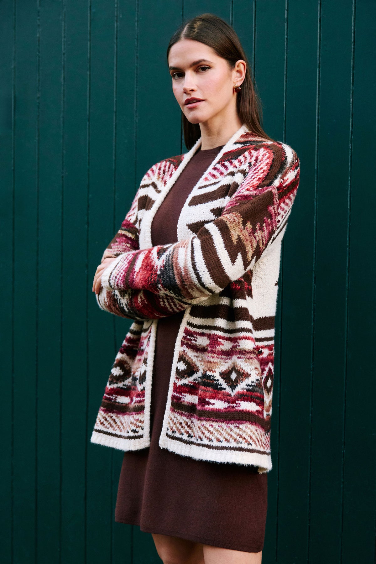 Yumi Multicolour Aztec Boucle Open Cardigan Knit Cardigan Yumi