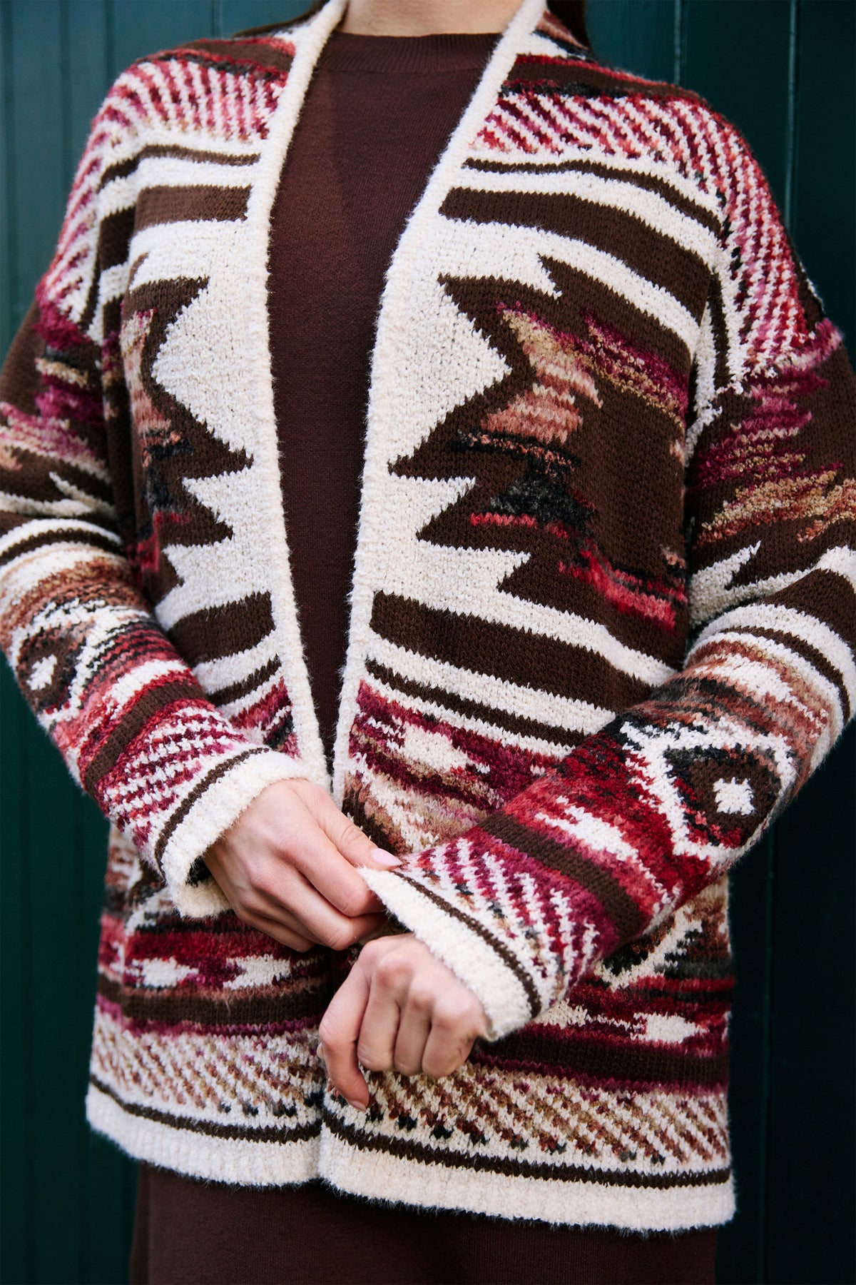 Yumi Multicolour Aztec Boucle Open Cardigan Knit Cardigan Yumi