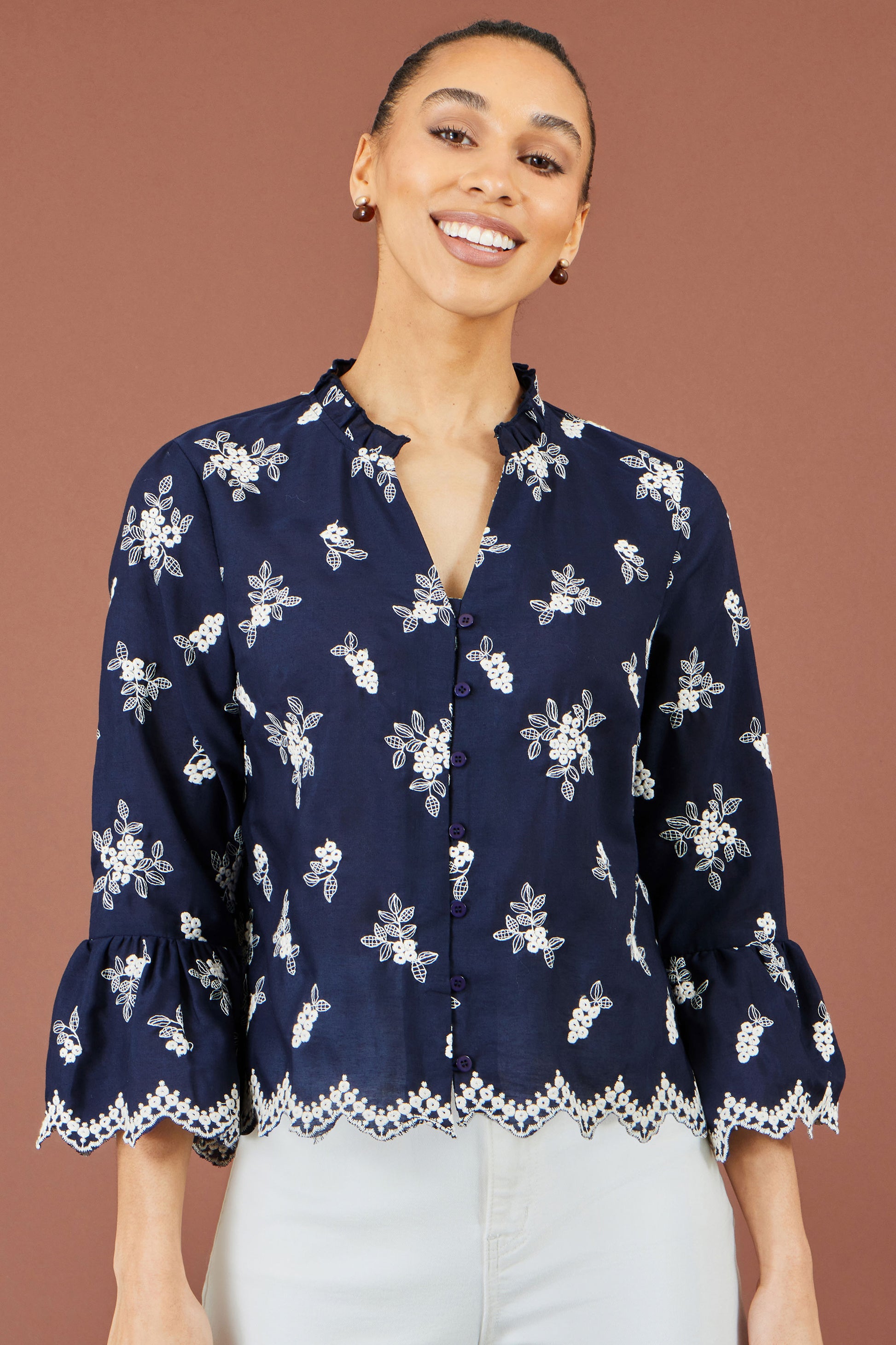 Yumi Navy Broderie Shirt With Fluted Sleeves Tops Yumi