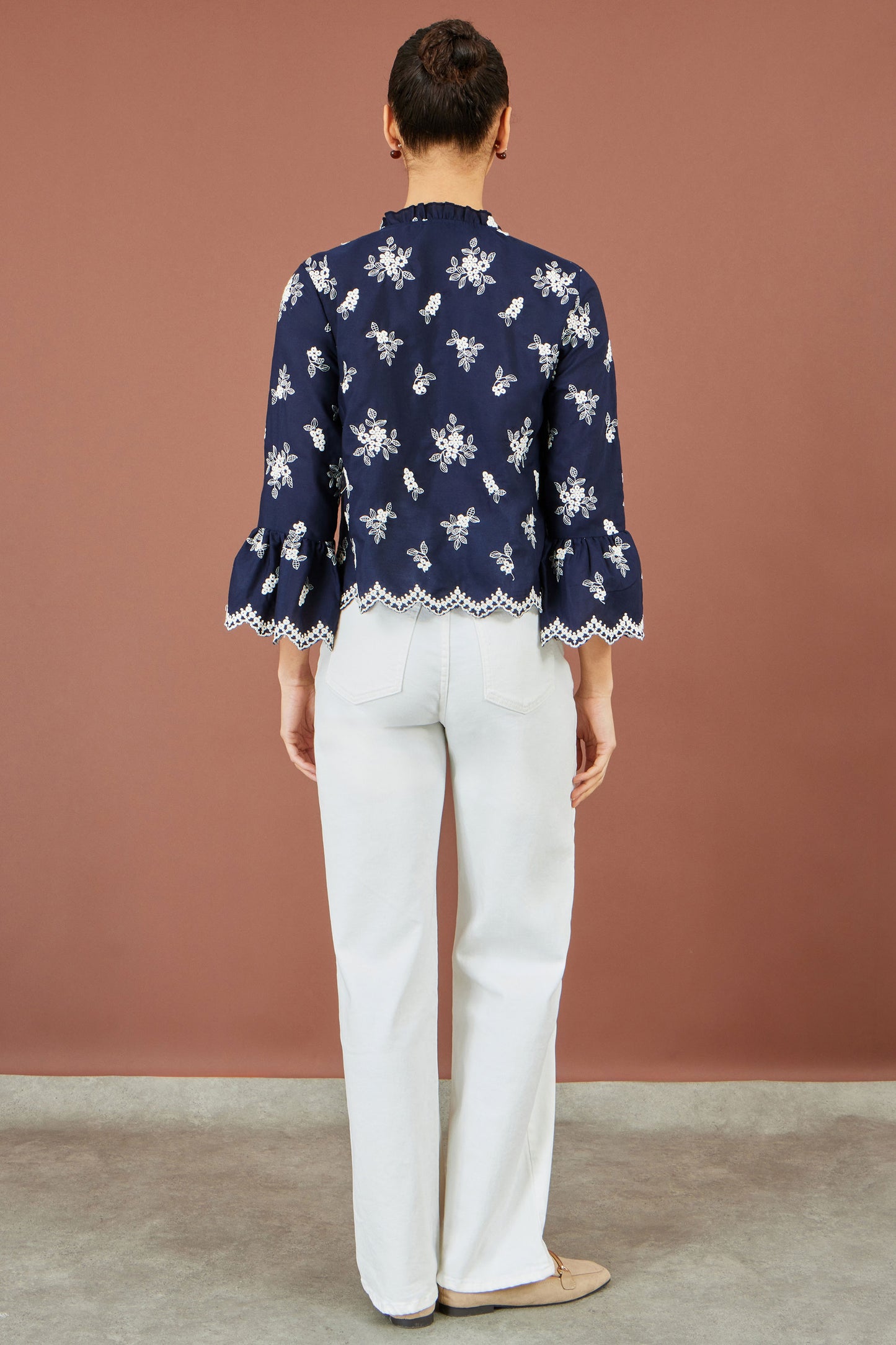 Yumi Navy Broderie Shirt With Fluted Sleeves Tops Yumi