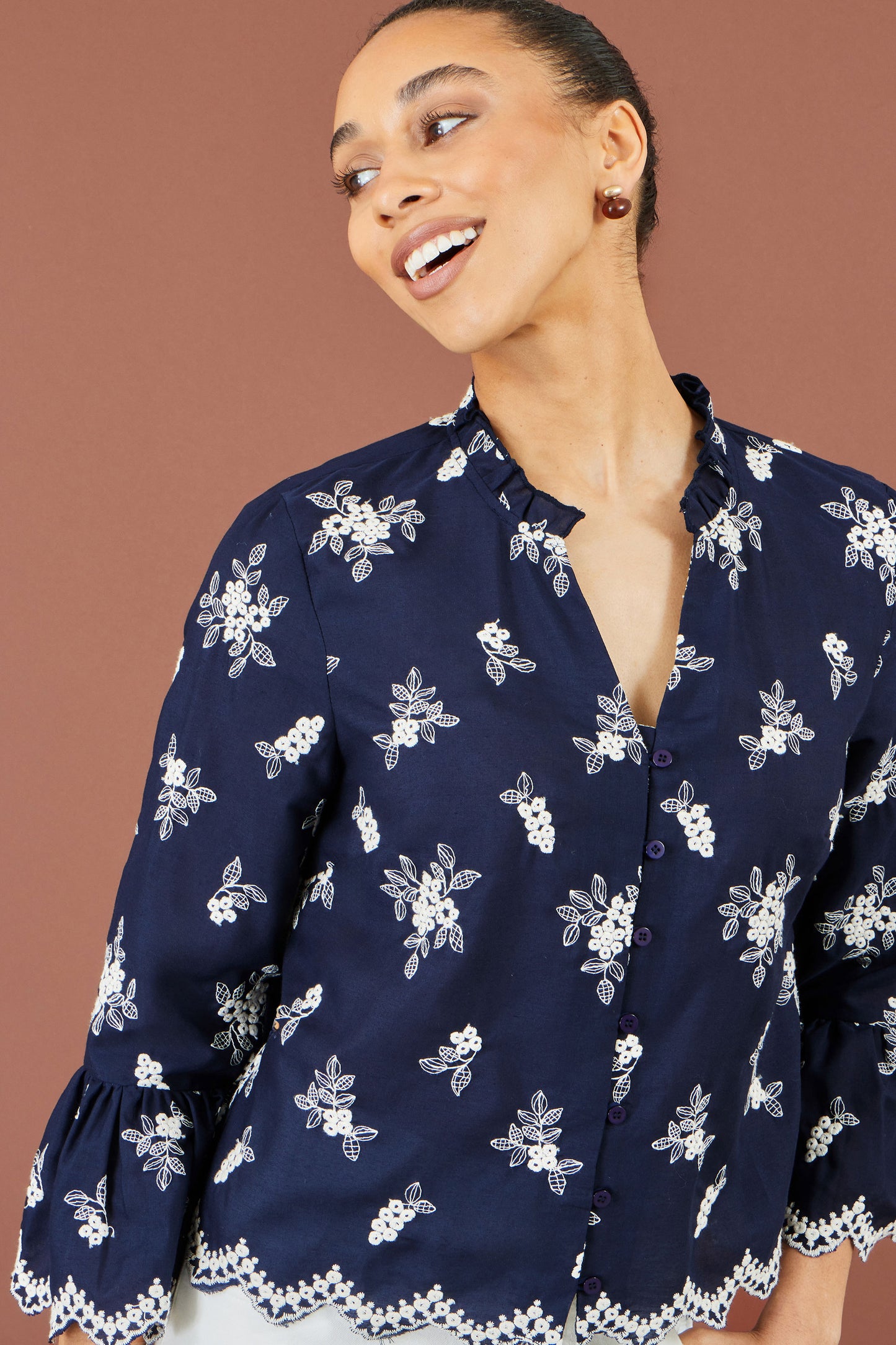 Yumi Navy Broderie Shirt With Fluted Sleeves Tops Yumi