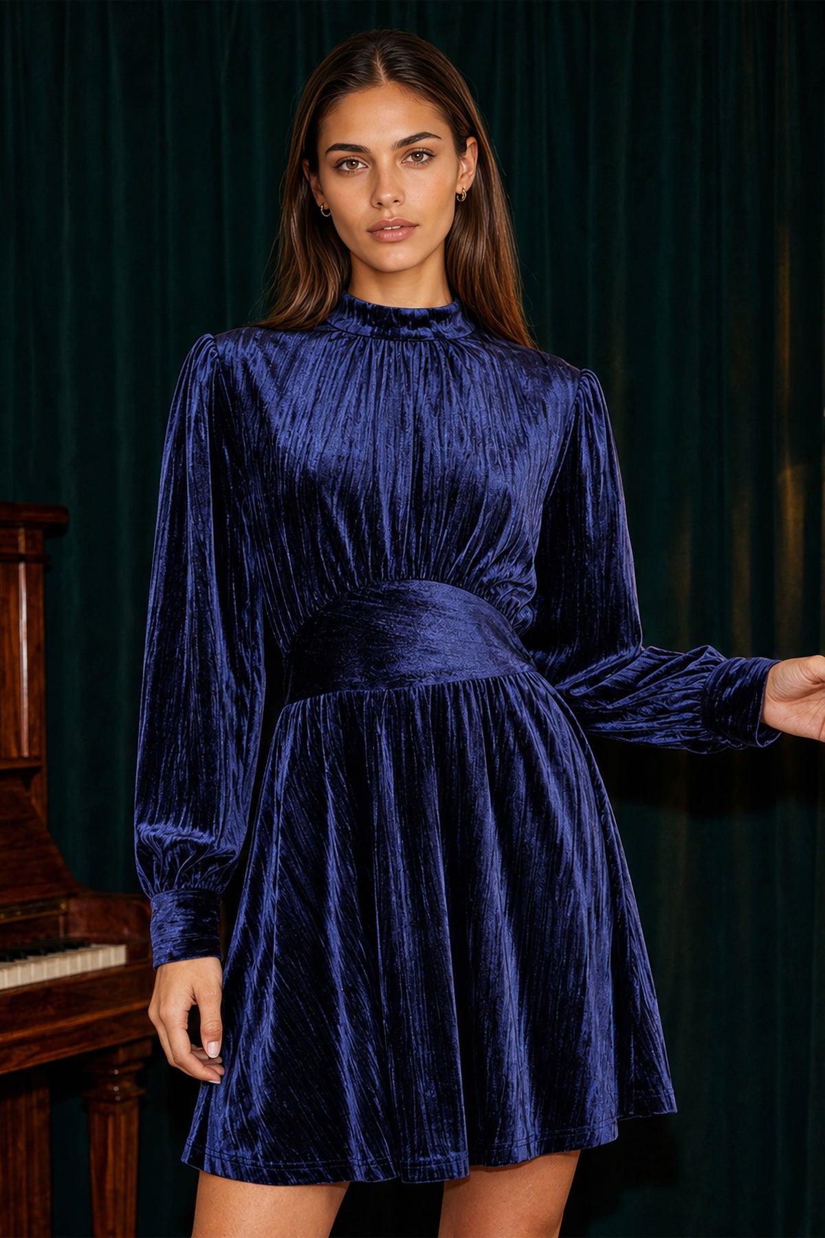 Yumi Navy Ruched Waist Velvet Skater Dress Dress Party Yumi