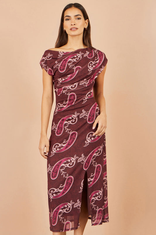 Yumi Brown Paisley Mesh Ruched Midi Dress Dress Casual Yumi
