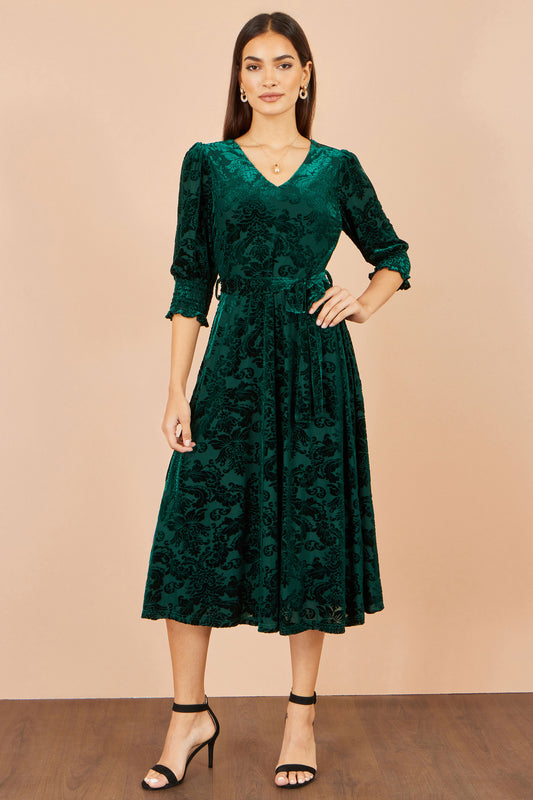Yumi Green Velvet Floral Midi Dress Dress Party Yumi