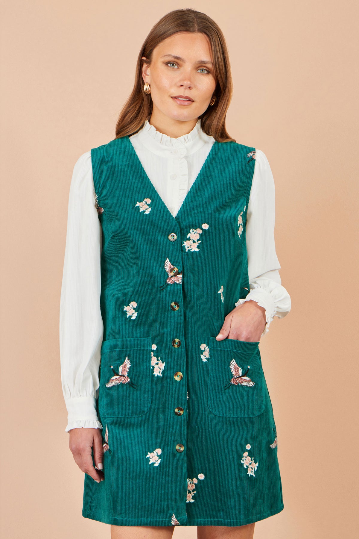 Yumi Teal Crane Embroidery Button Up Pinafore Dress Dress Casual Yumi