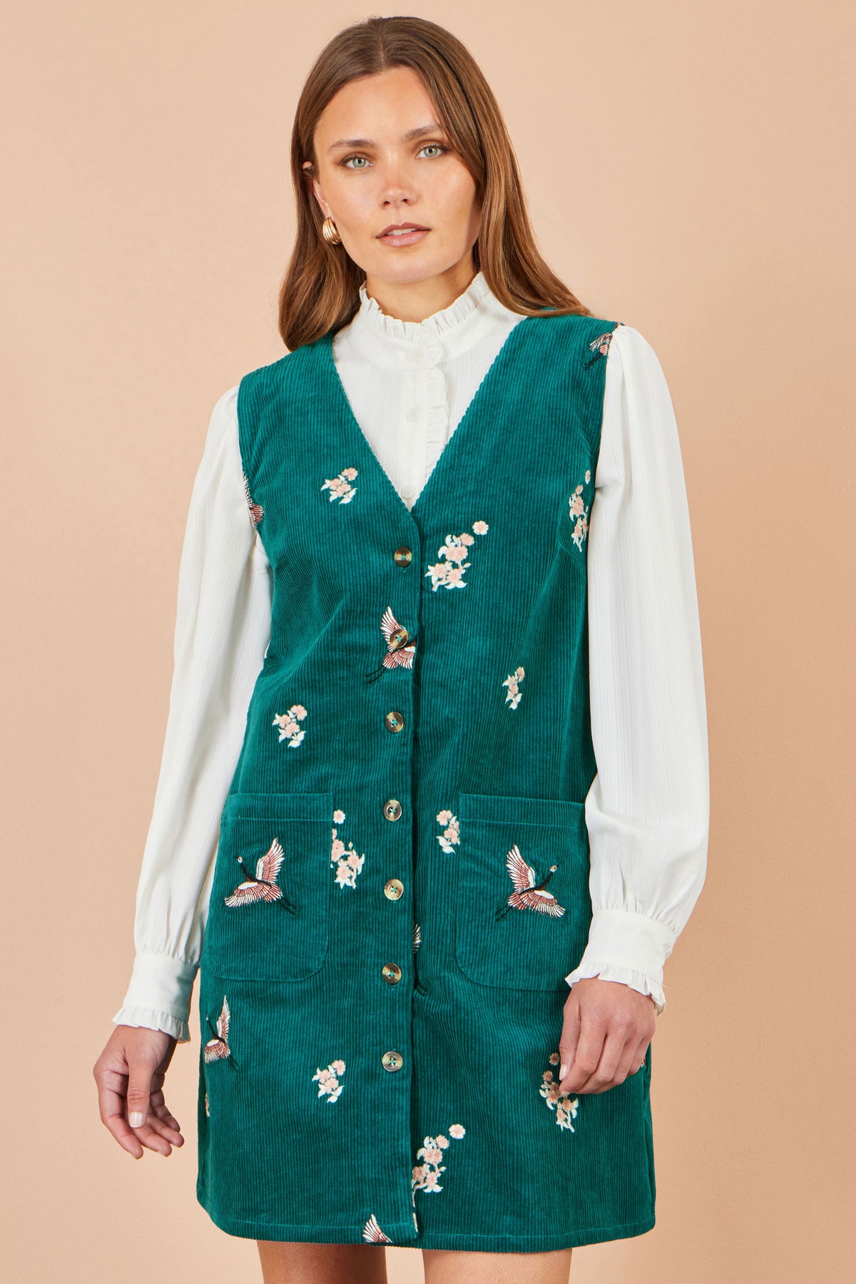 Yumi Teal Crane Embroidery Button Up Pinafore Dress Dress Casual Yumi