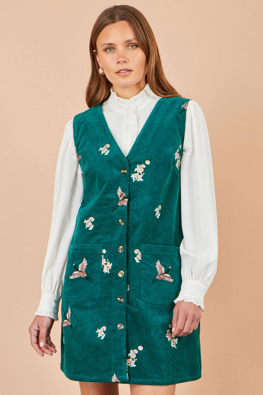 Yumi Teal Crane Embroidery Button Up Pinafore Dress Dress Casual Yumi