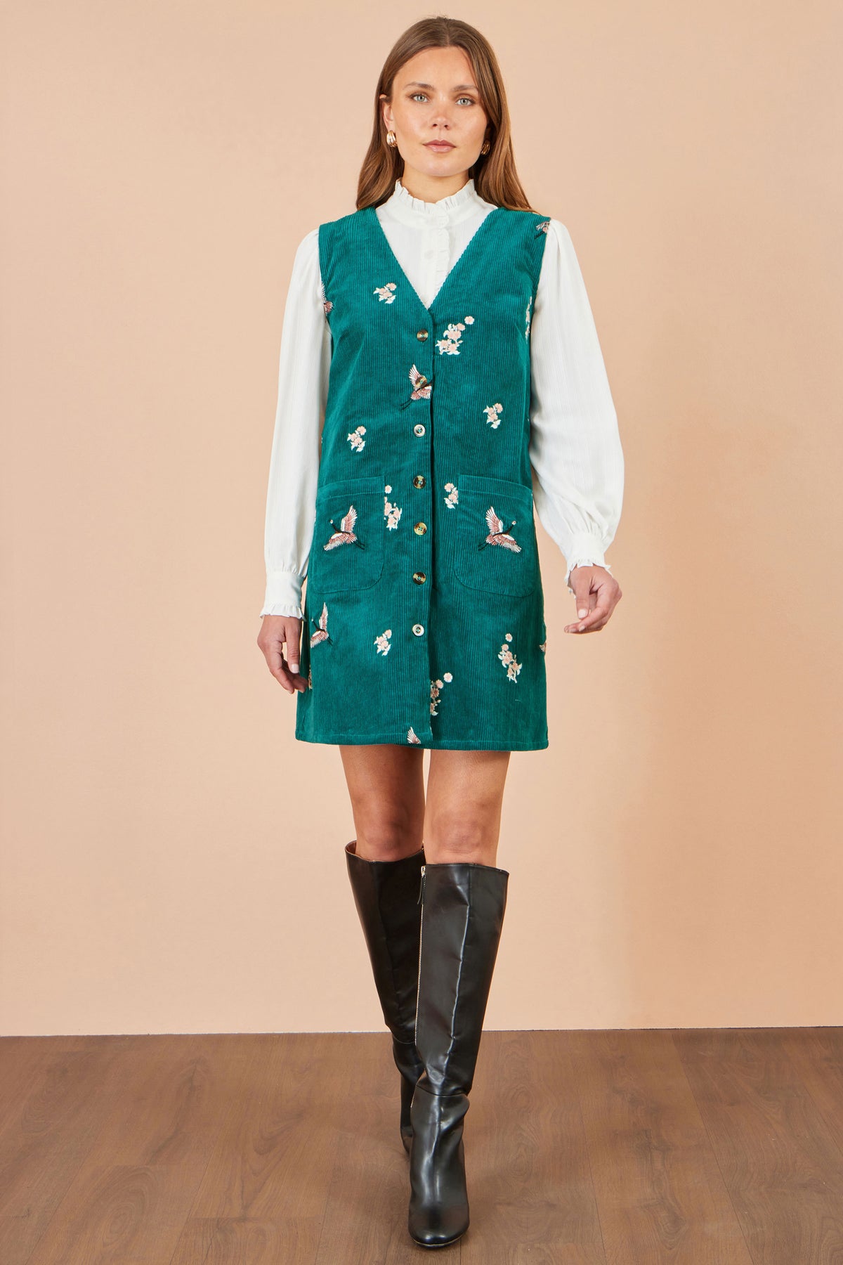 Yumi Teal Crane Embroidery Button Up Pinafore Dress Dress Casual Yumi