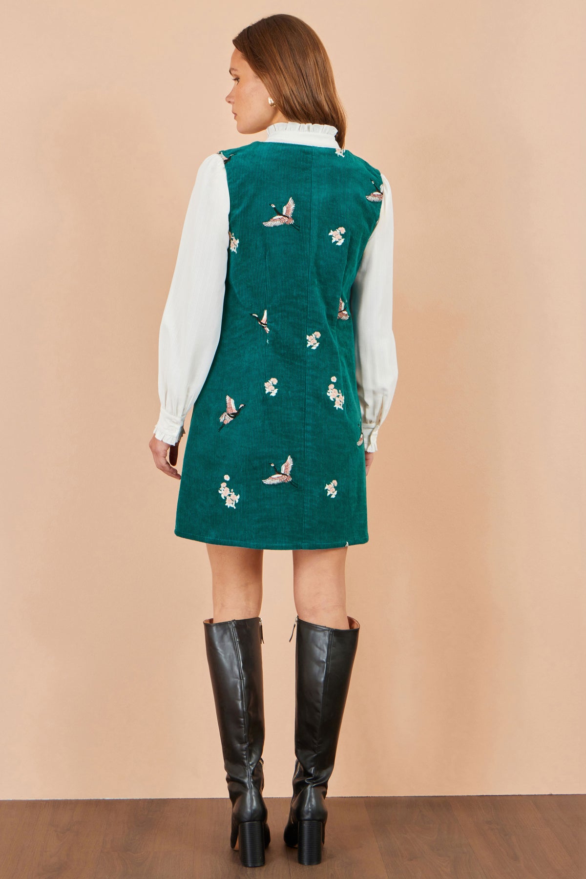 Yumi Teal Crane Embroidery Button Up Pinafore Dress Dress Casual Yumi