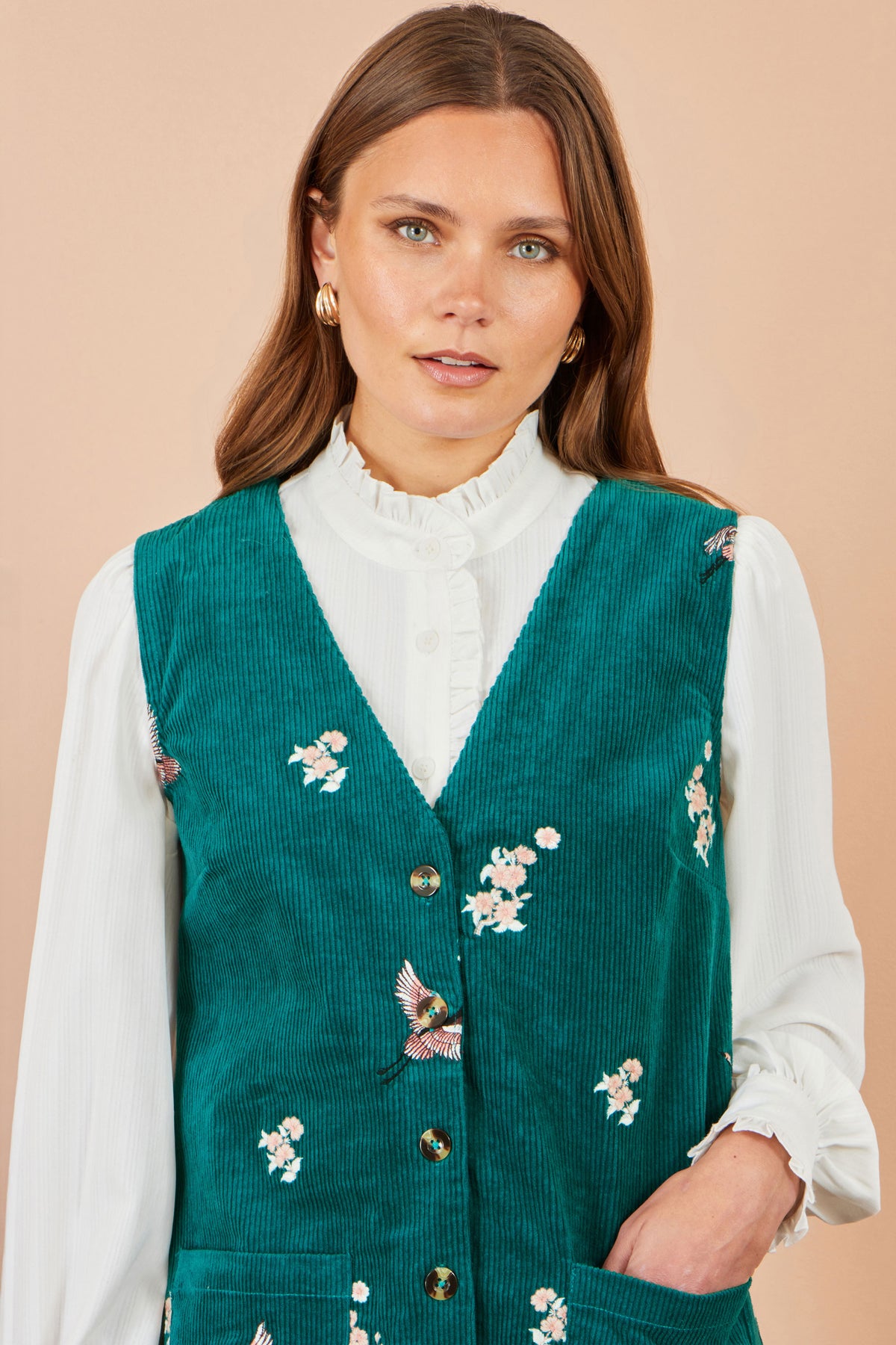 Yumi Teal Crane Embroidery Button Up Pinafore Dress Dress Casual Yumi