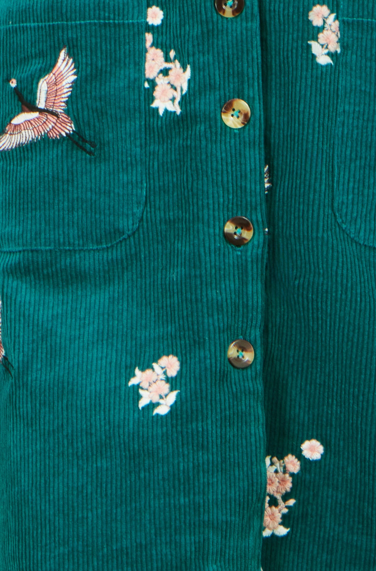 Yumi Teal Crane Embroidery Button Up Pinafore Dress Dress Casual Yumi