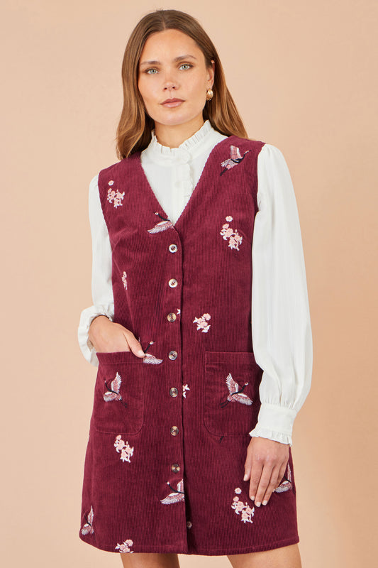 Yumi Burgundy Crane Embroidery Button Up Pinafore Dress Dress Casual Yumi