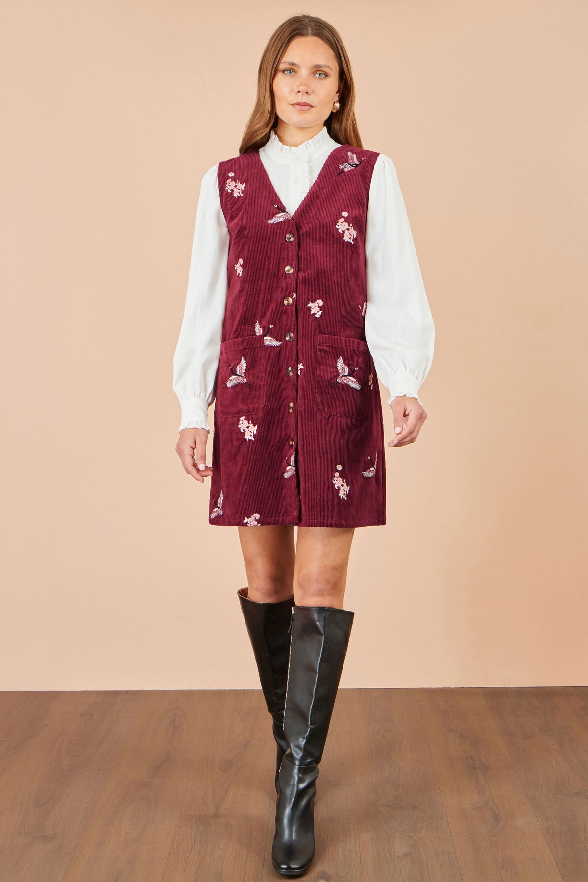 Yumi Burgundy Crane Embroidery Button Up Pinafore Dress Dress Casual Yumi