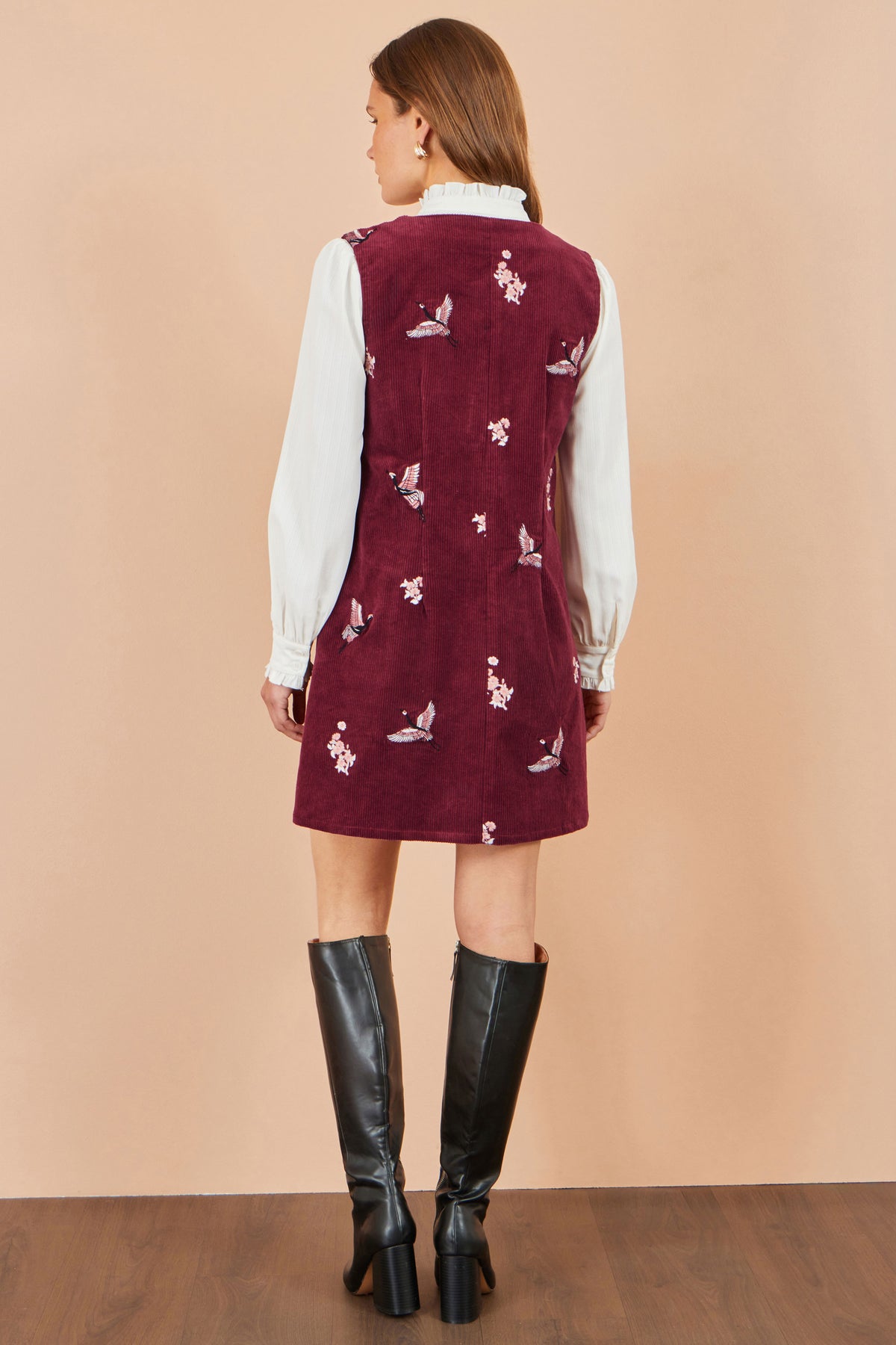 Yumi Burgundy Crane Embroidery Button Up Pinafore Dress Dress Casual Yumi