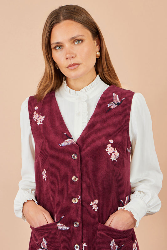Yumi Burgundy Crane Embroidery Button Up Pinafore Dress Dress Casual Yumi