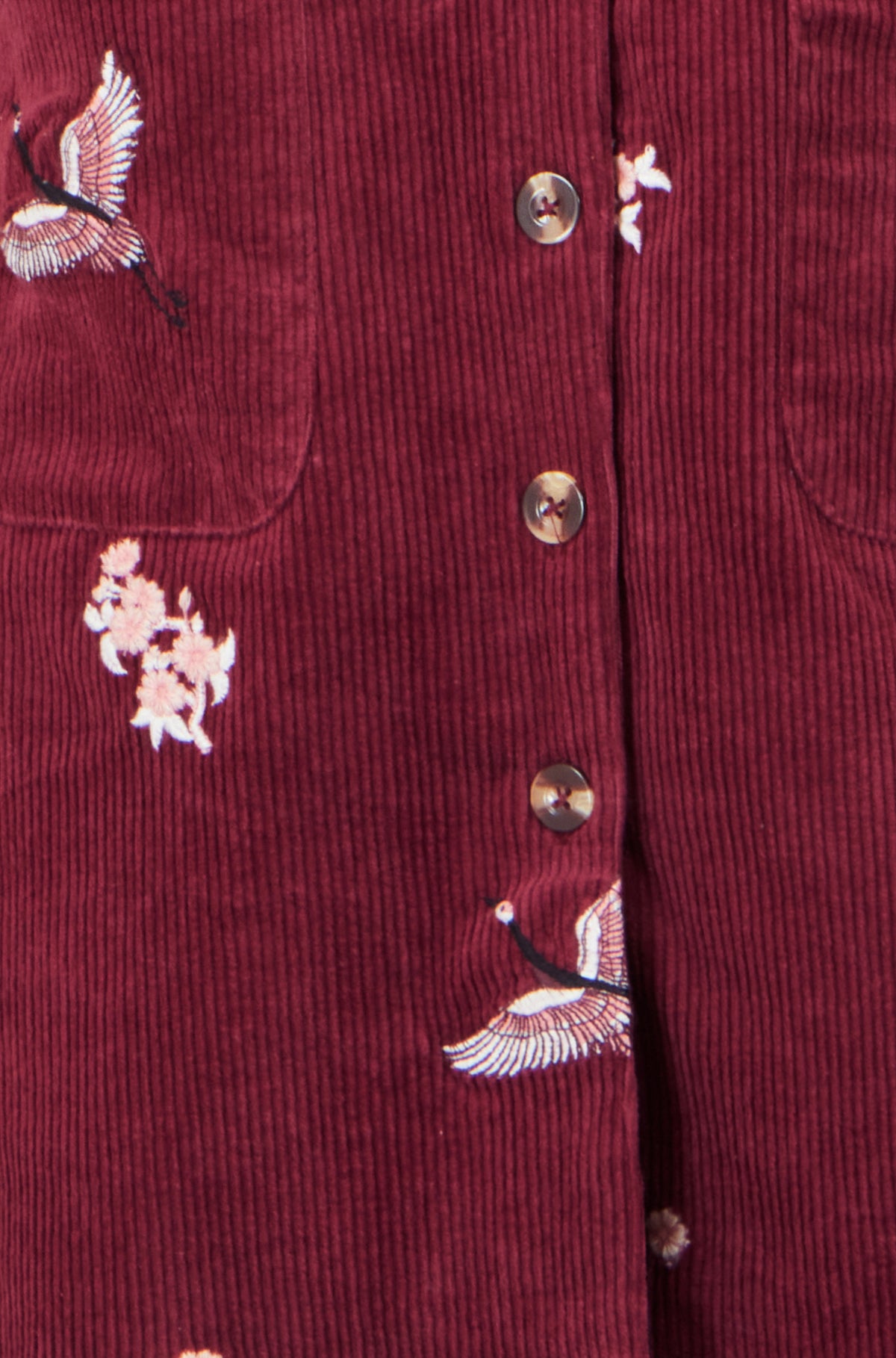 Yumi Burgundy Crane Embroidery Button Up Pinafore Dress Dress Casual Yumi