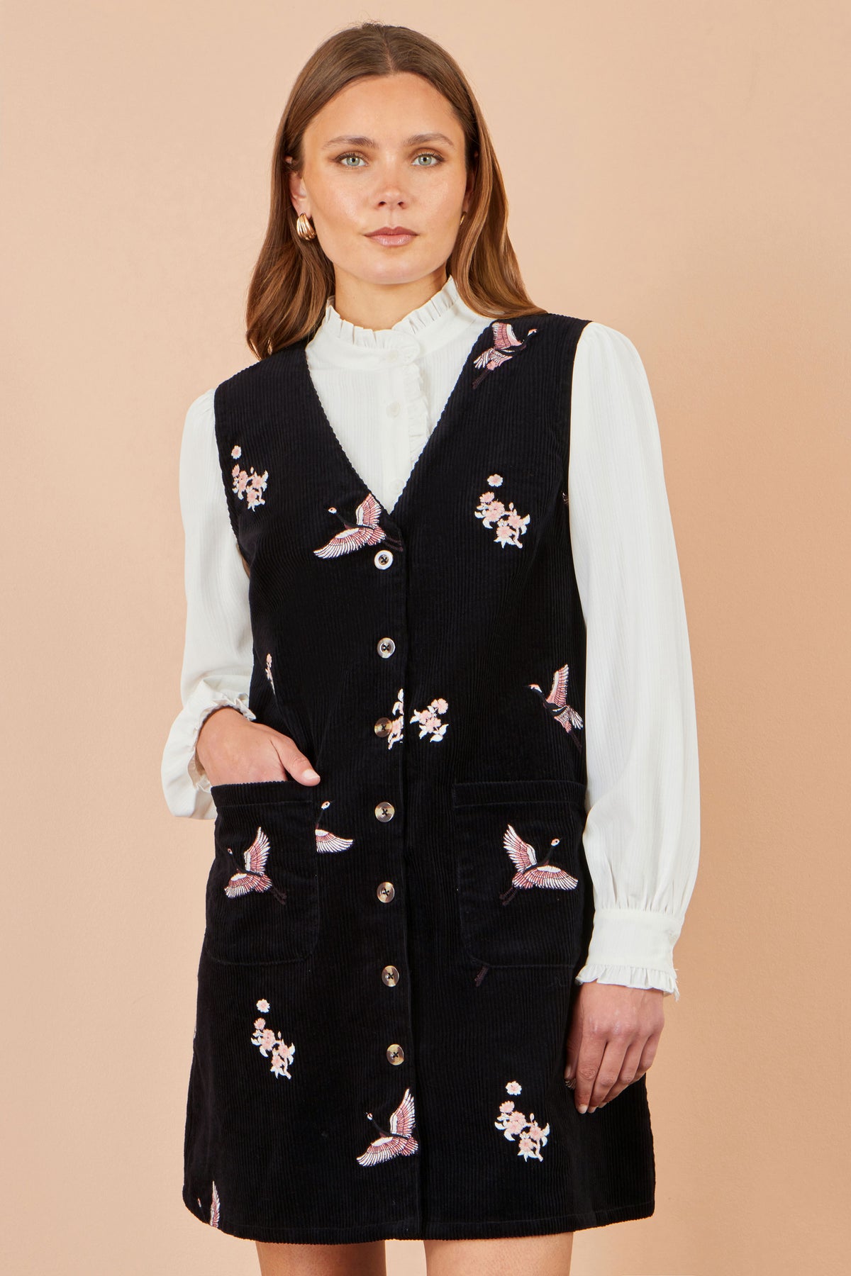 Yumi Black Crane Embroidery Button Up Pinafore Dress Dress Casual Yumi