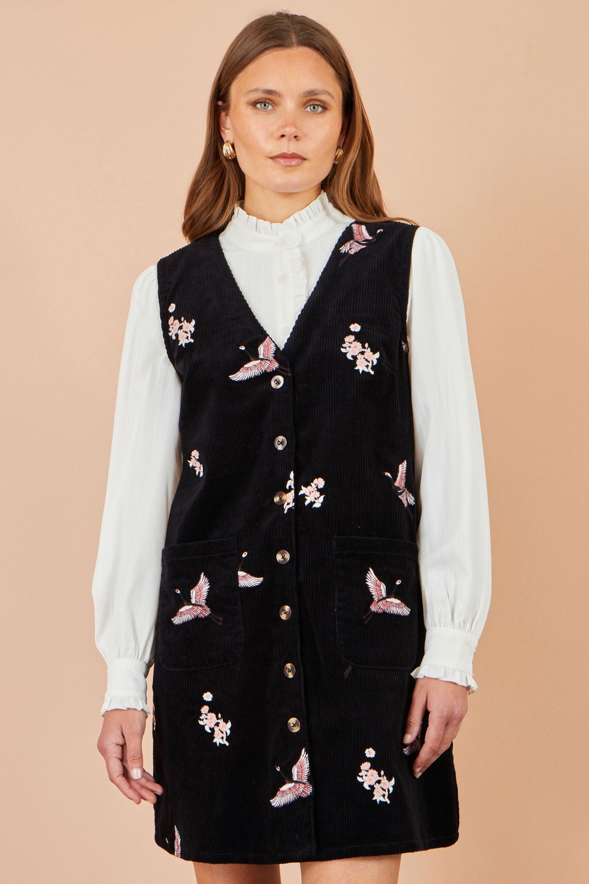 Yumi Black Crane Embroidery Button Up Pinafore Dress Dress Casual Yumi