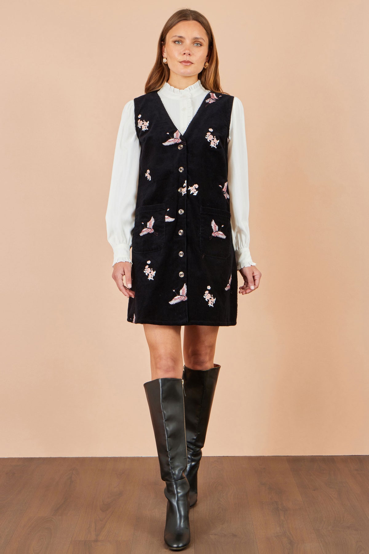 Yumi Black Crane Embroidery Button Up Pinafore Dress Dress Casual Yumi