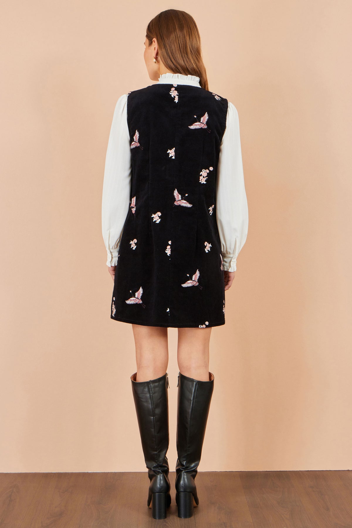 Yumi Black Crane Embroidery Button Up Pinafore Dress Dress Casual Yumi