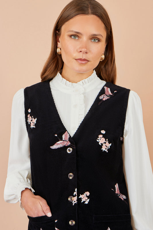Yumi Black Crane Embroidery Button Up Pinafore Dress Dress Casual Yumi