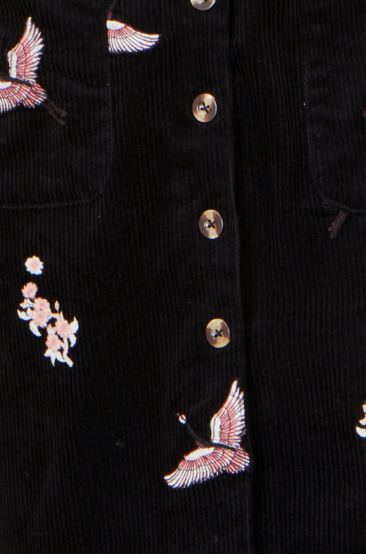 Yumi Black Crane Embroidery Button Up Pinafore Dress Dress Casual Yumi