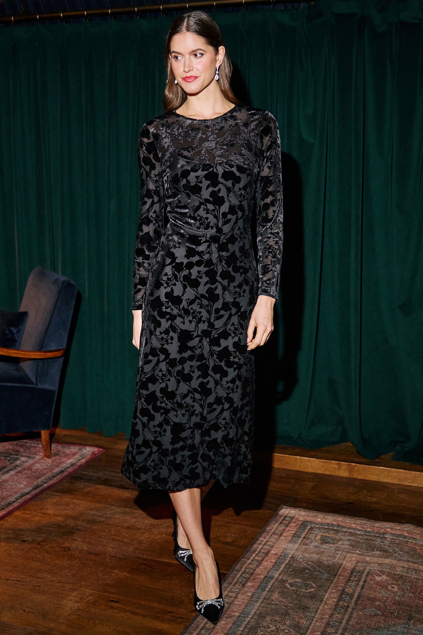Yumi Black Burnout Velvet Midi Dress Dress Party Yumi