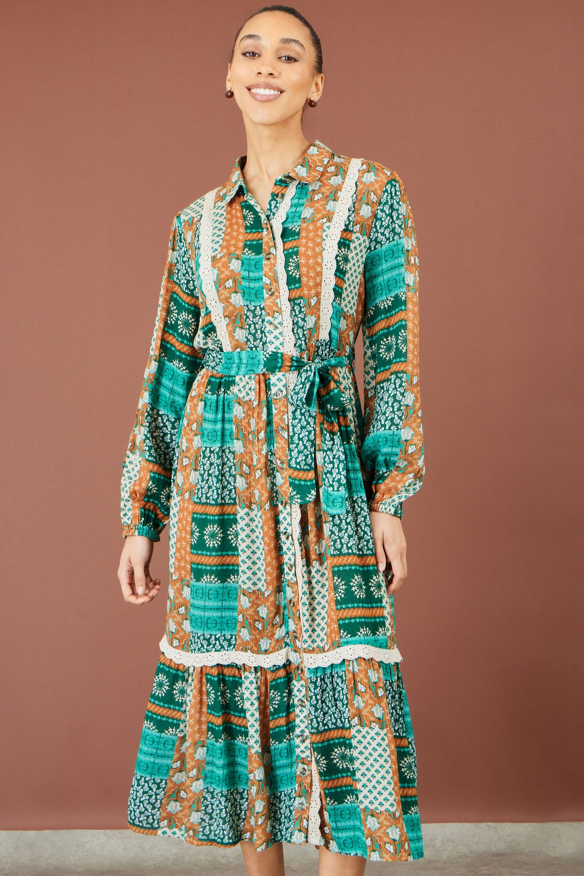 Yumi Multicolour Patchwork Viscose Midi Shirt Dr Dress Casual Yumi