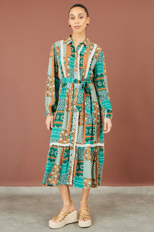 Yumi Multicolour Patchwork Viscose Midi Shirt Dr Dress Casual Yumi
