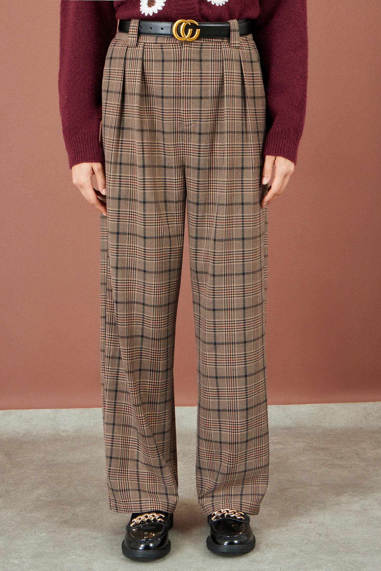 Yumi Brown Check Wide Leg Trousers Trouser Yumi