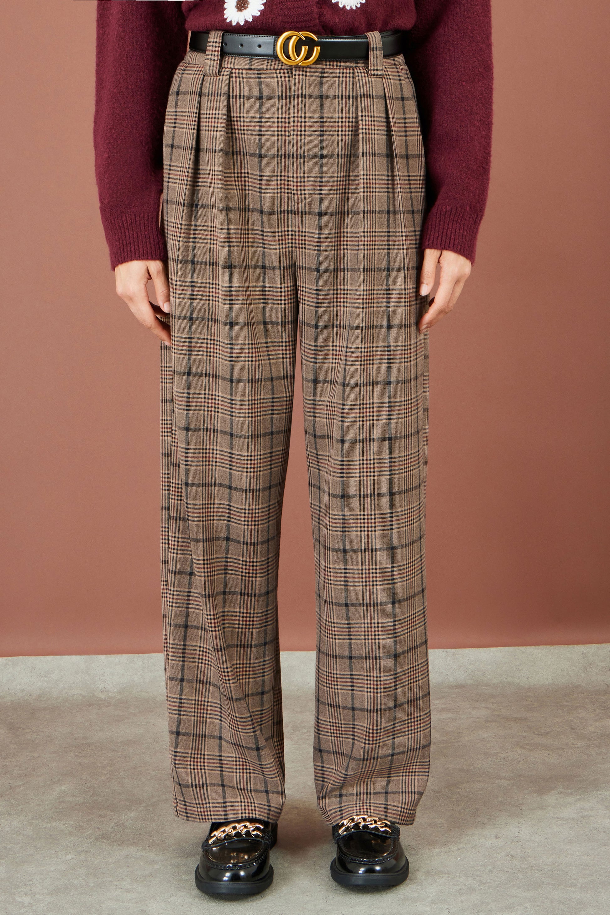 Yumi Brown Check Wide Leg Trousers Trouser Yumi