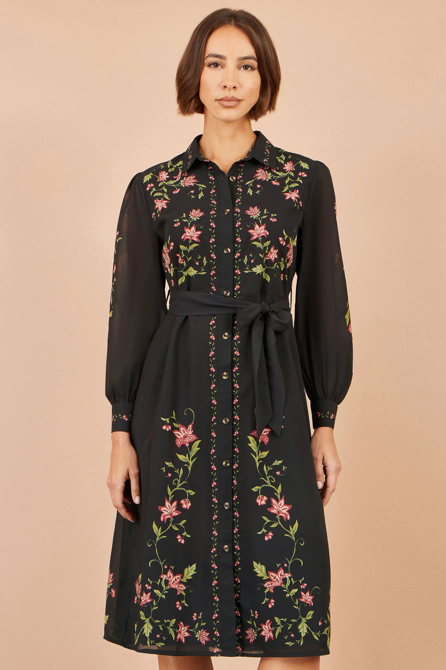 Yumi Black Floral Placement Midi Shirt Dress Dress Casual Yumi