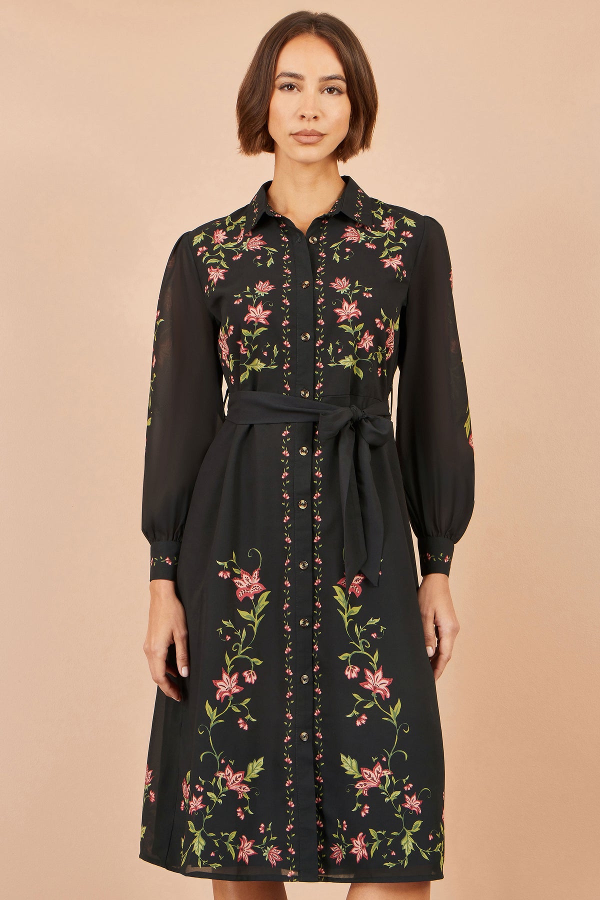 Yumi Black Floral Placement Midi Shirt Dress Dress Casual Yumi