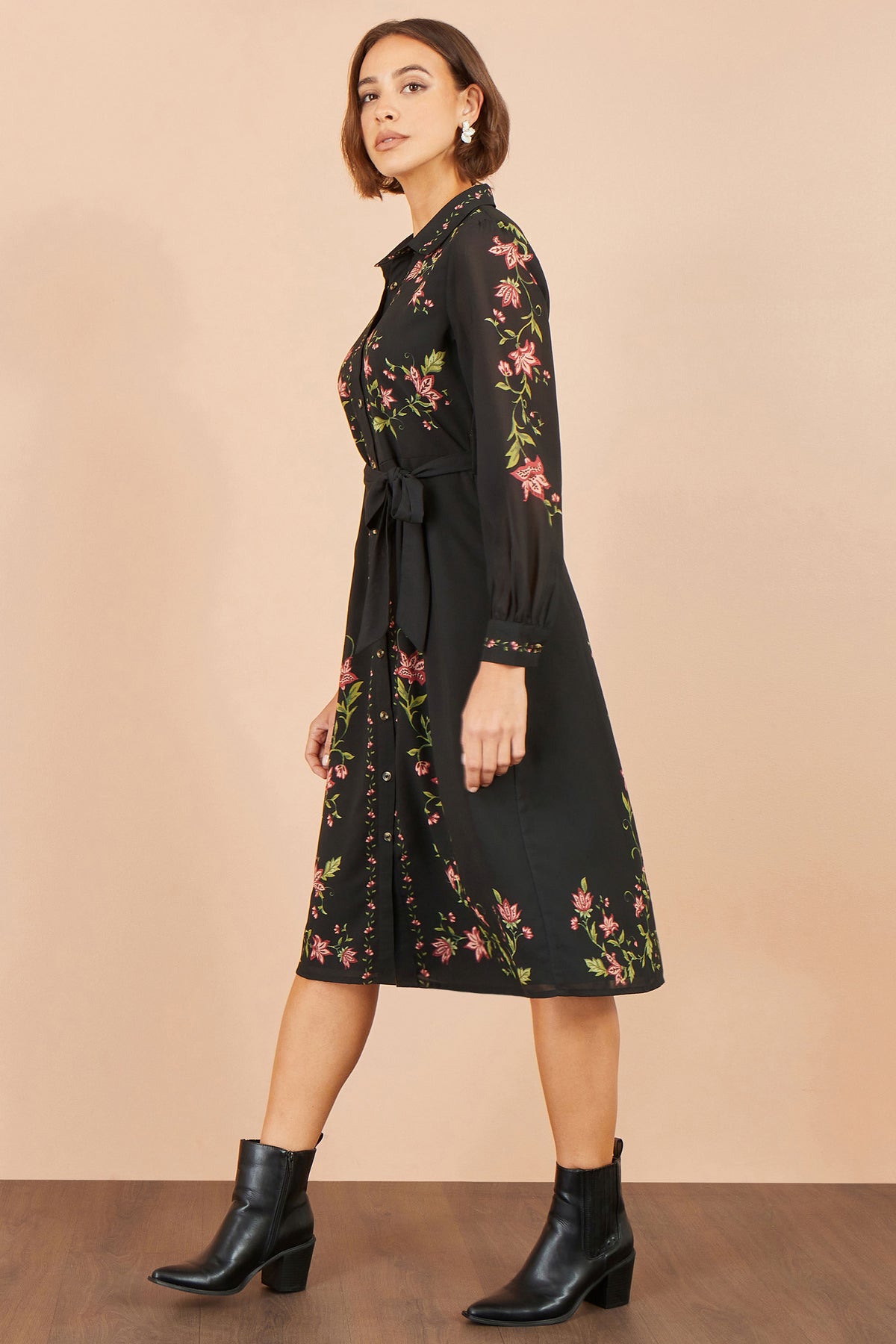 Yumi Black Floral Placement Midi Shirt Dress Dress Casual Yumi