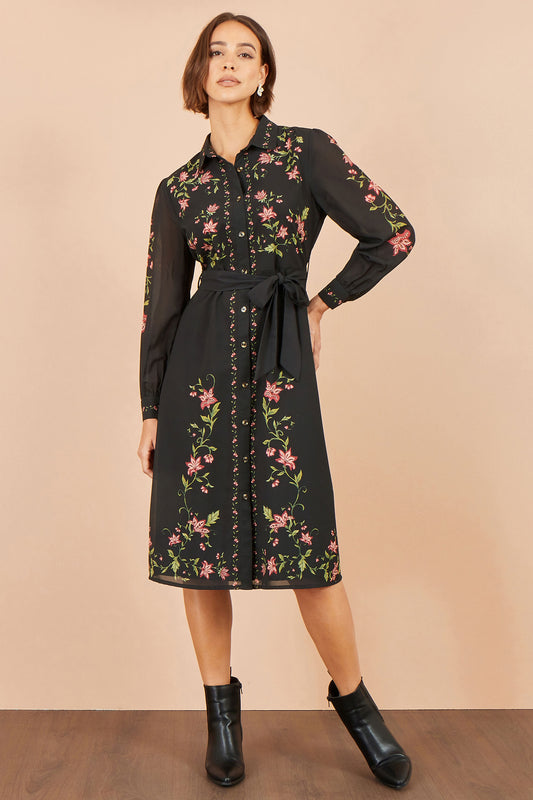 Yumi Black Floral Placement Midi Shirt Dress Dress Casual Yumi