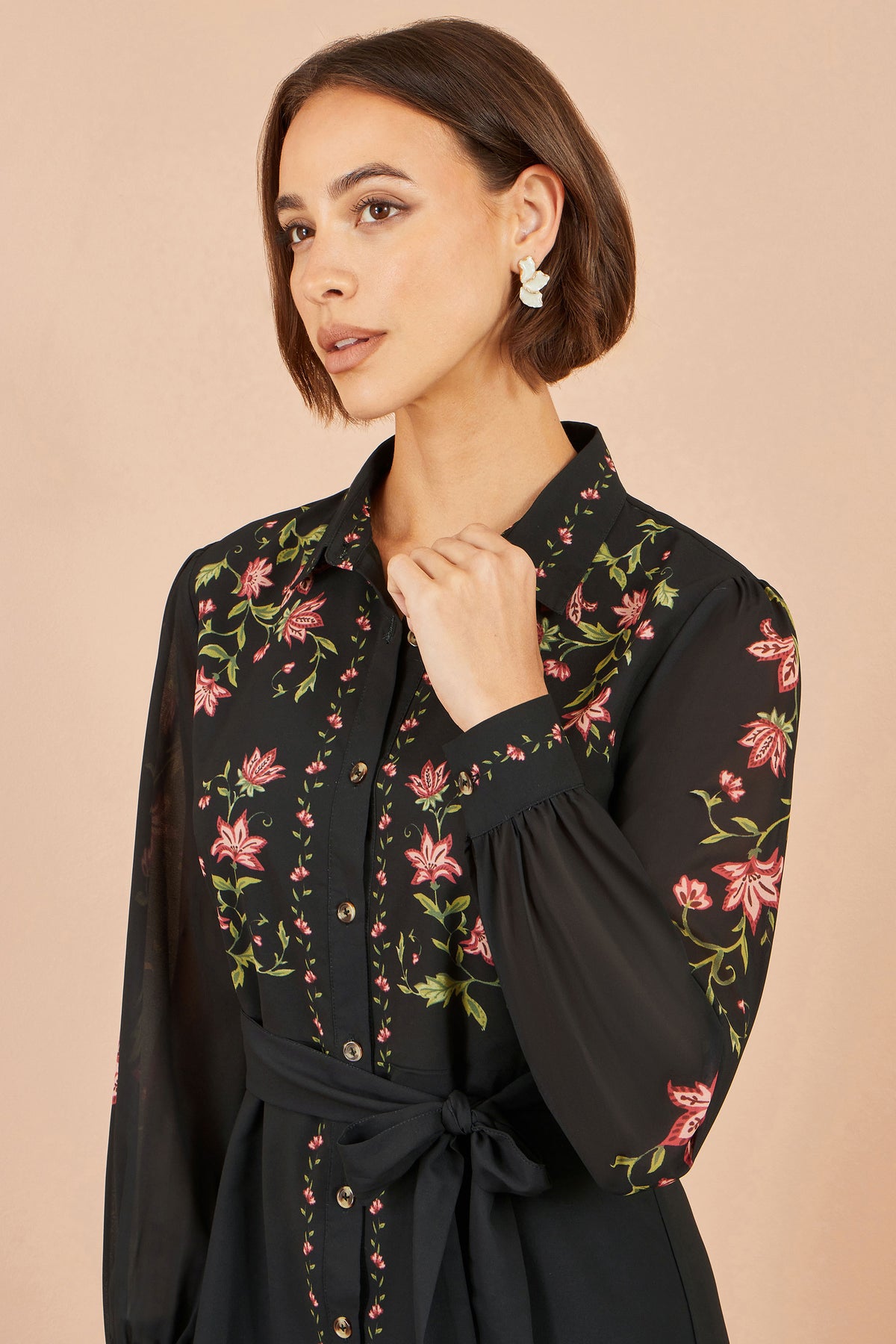 Yumi Black Floral Placement Midi Shirt Dress Dress Casual Yumi