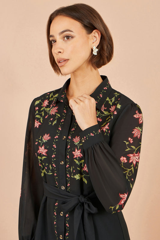 Yumi Black Floral Placement Midi Shirt Dress Dress Casual Yumi