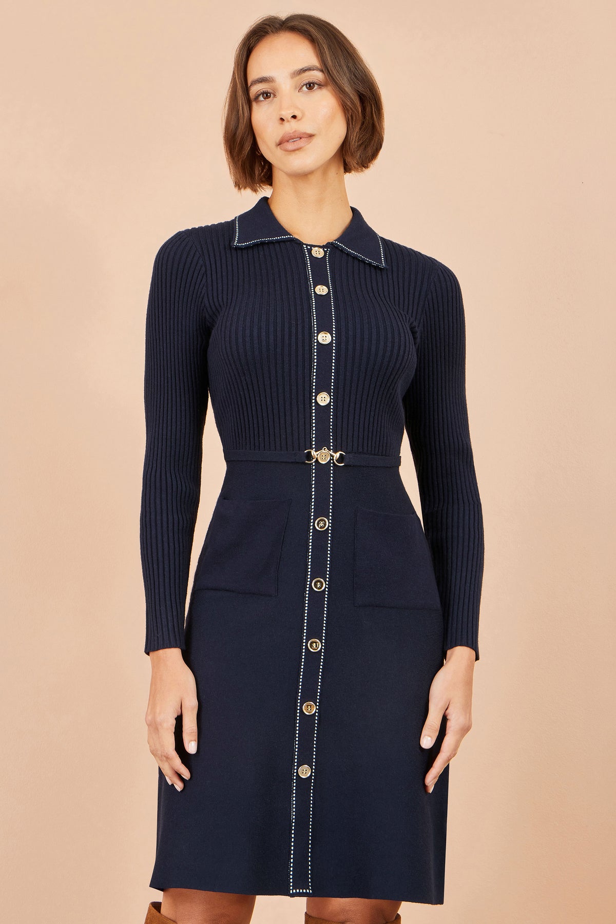 Yumi Navy Rib Knit Skater Shirt Dress Knit Dress Yumi