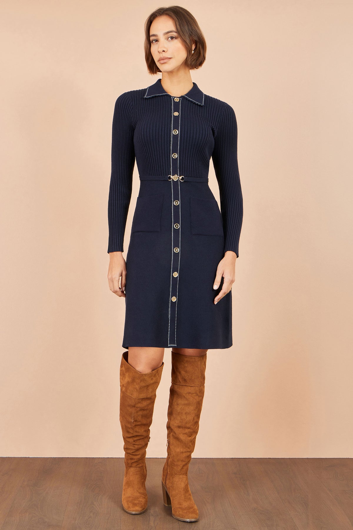 Yumi Navy Rib Knit Skater Shirt Dress Knit Dress Yumi