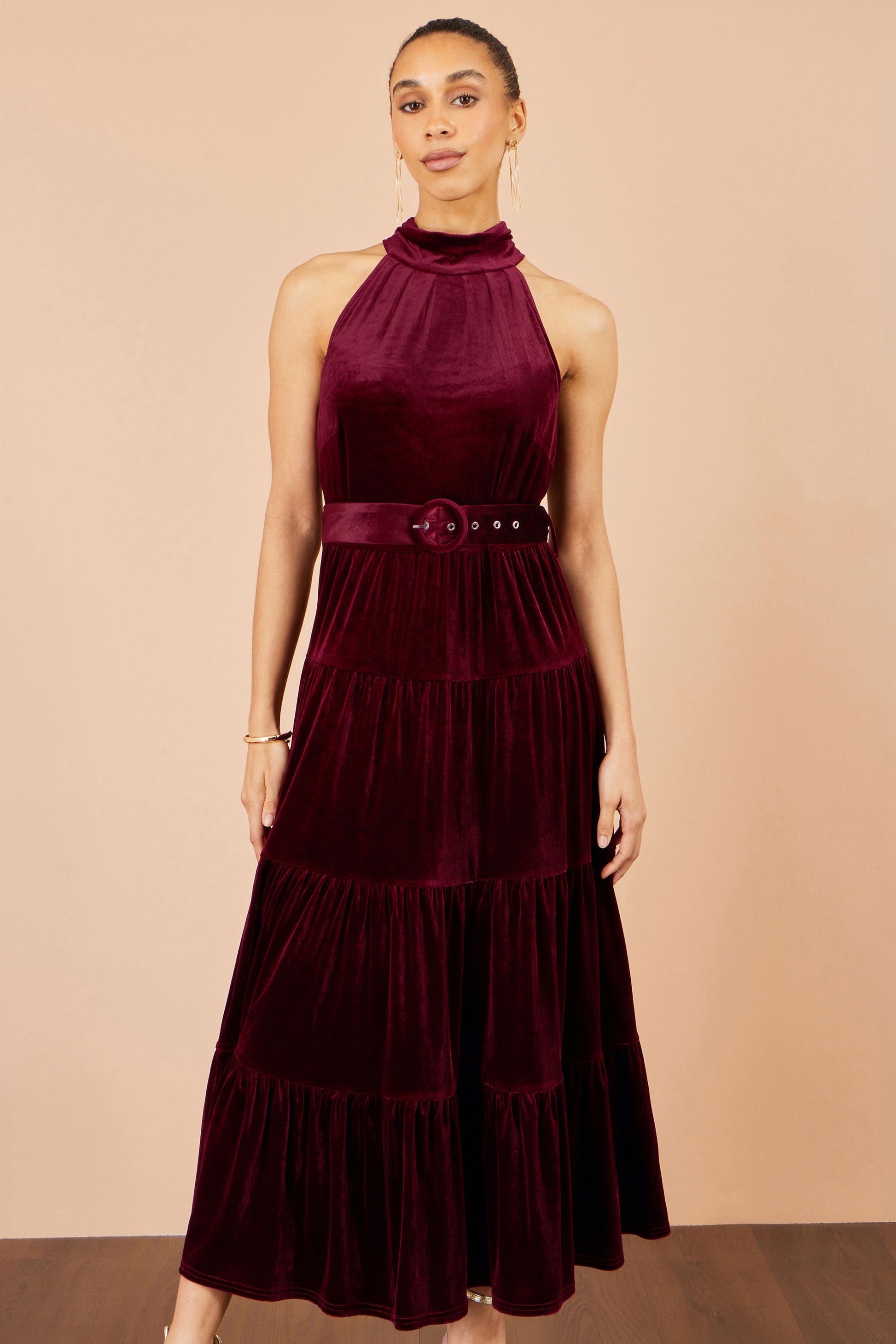 Yumi Burgundy Velvet Halter Midi Dress With Belt Dress Party Yumi