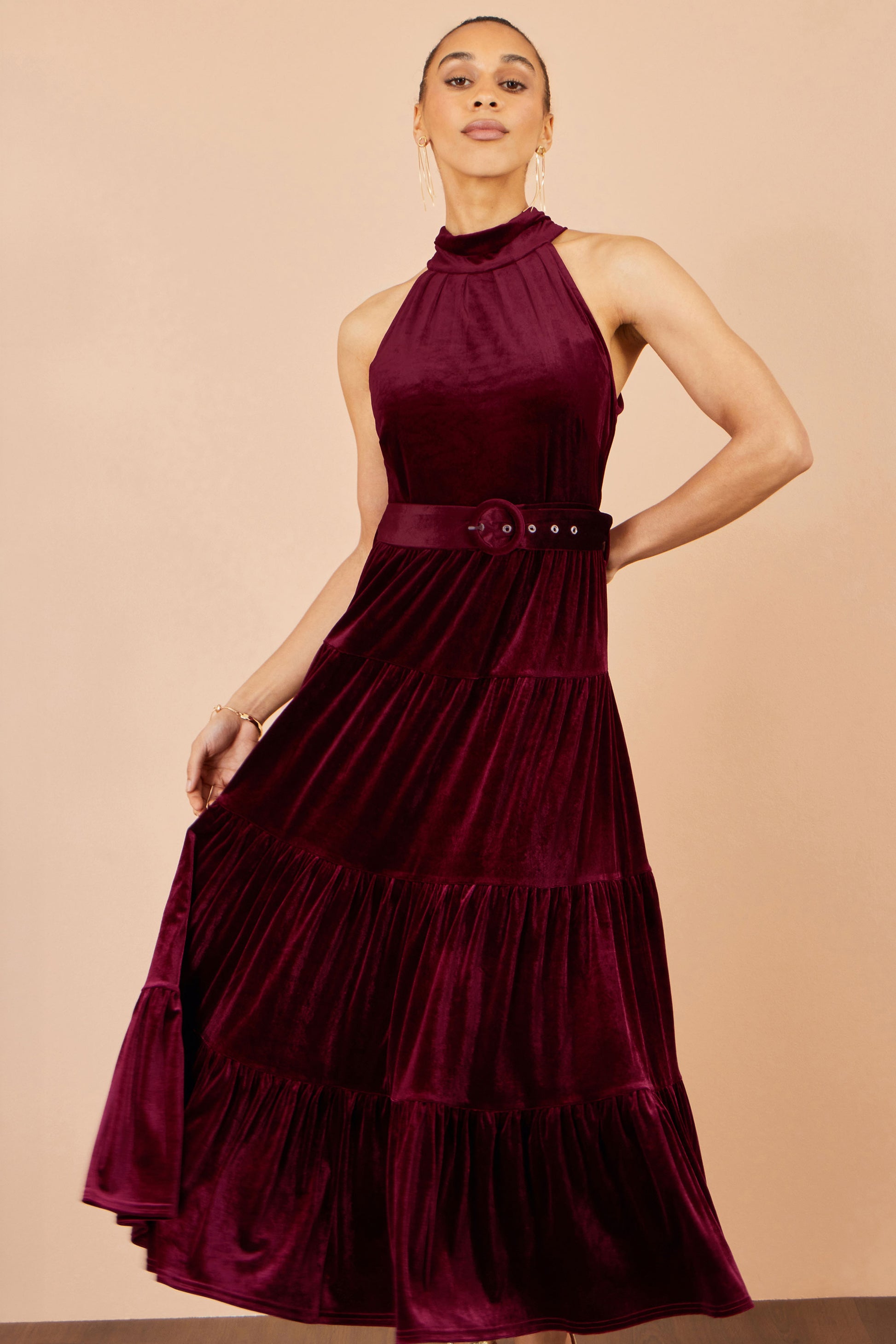 Yumi Burgundy Velvet Halter Midi Dress With Belt Dress Party Yumi