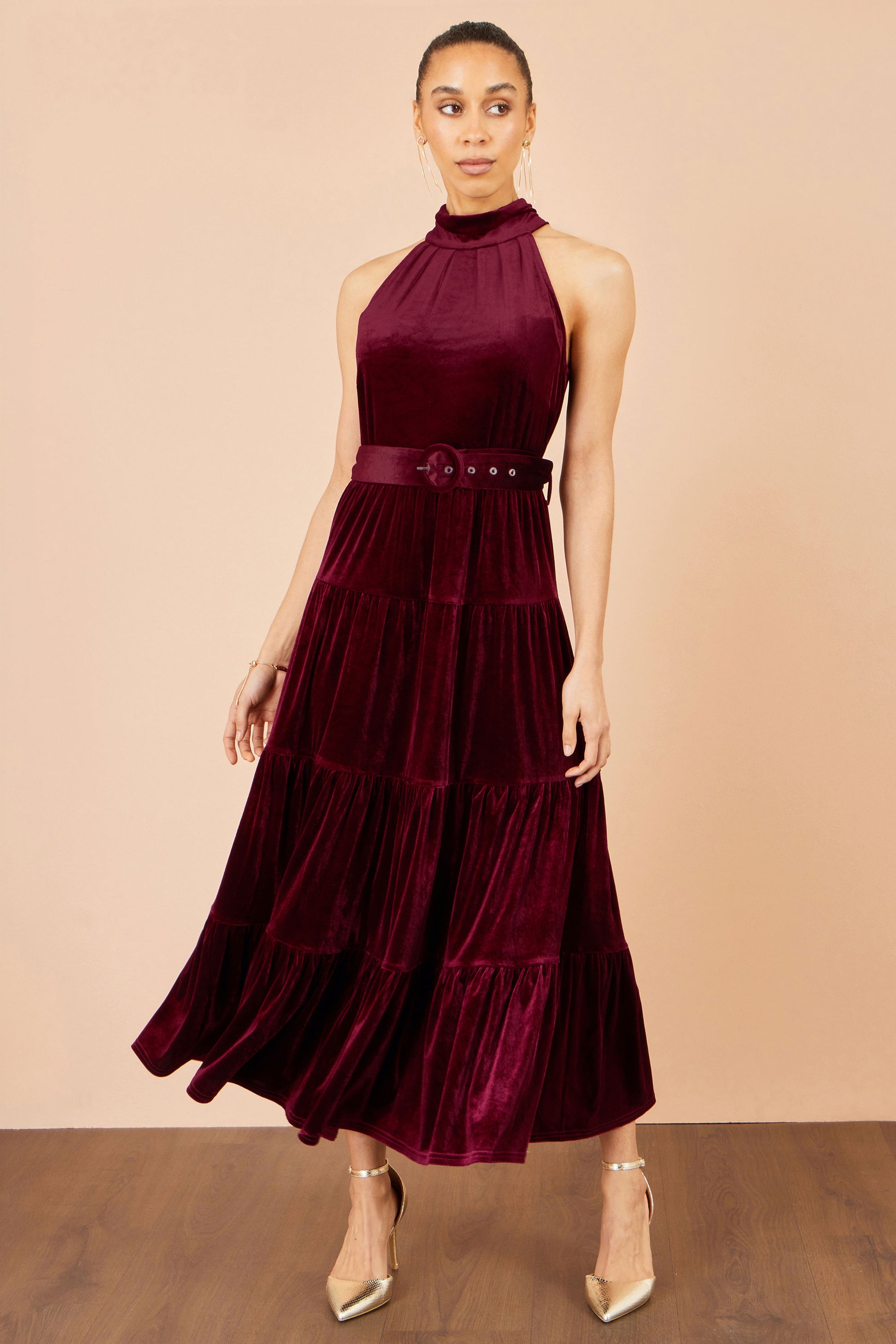 Yumi Burgundy Velvet Halter Midi Dress With Belt Dress Party Yumi