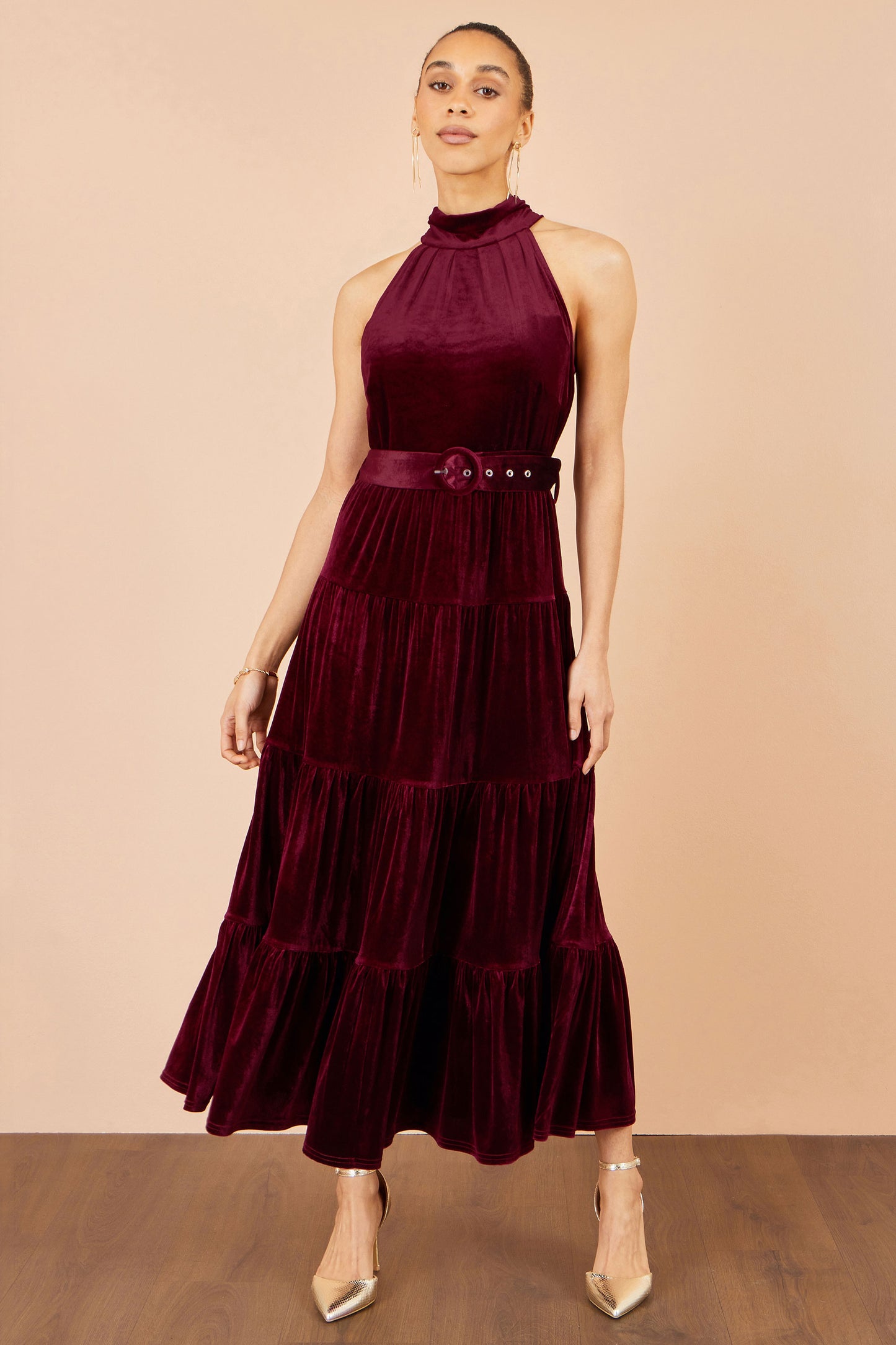 Yumi Burgundy Velvet Halter Midi Dress With Belt Dress Party Yumi