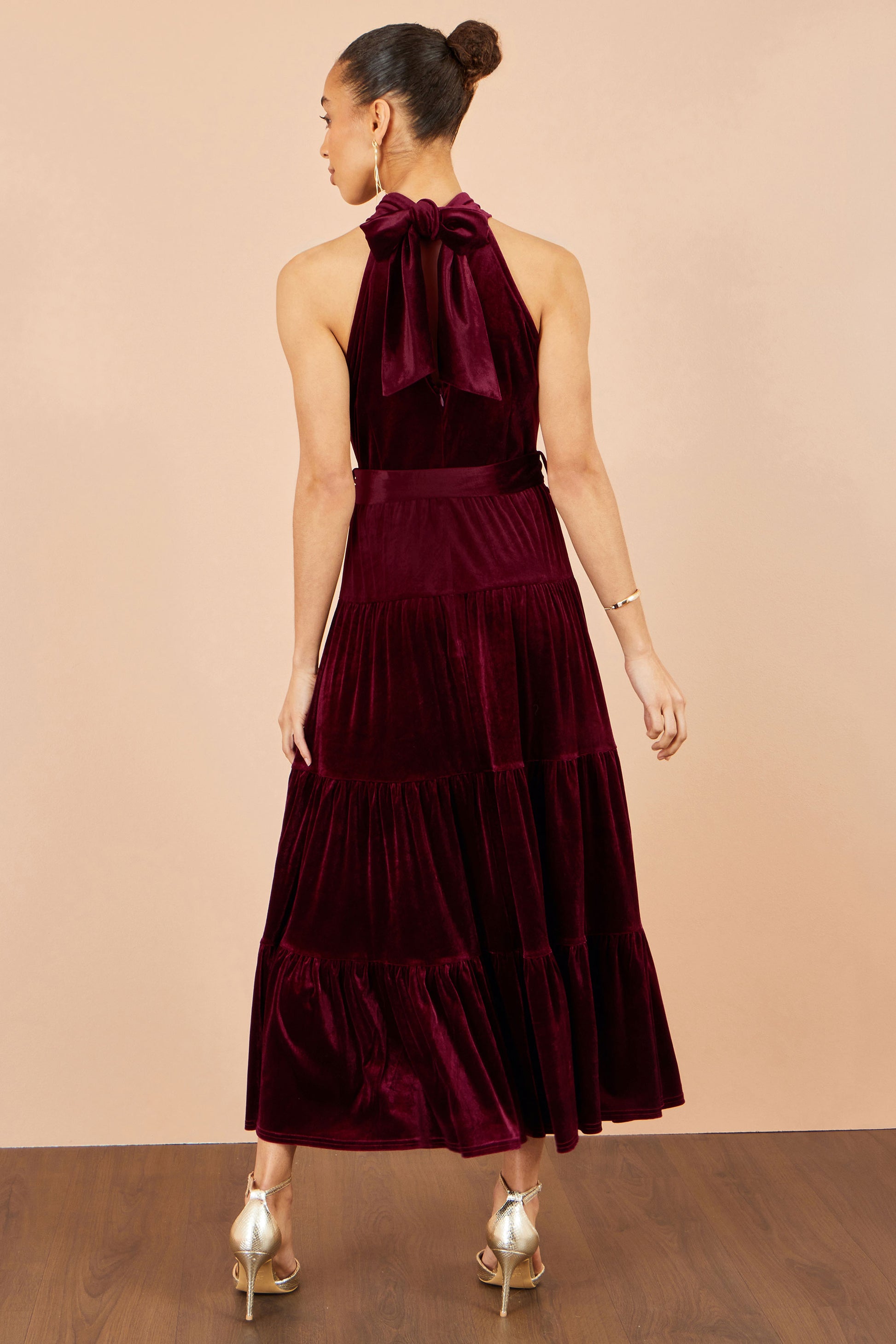 Yumi Burgundy Velvet Halter Midi Dress With Belt Dress Party Yumi