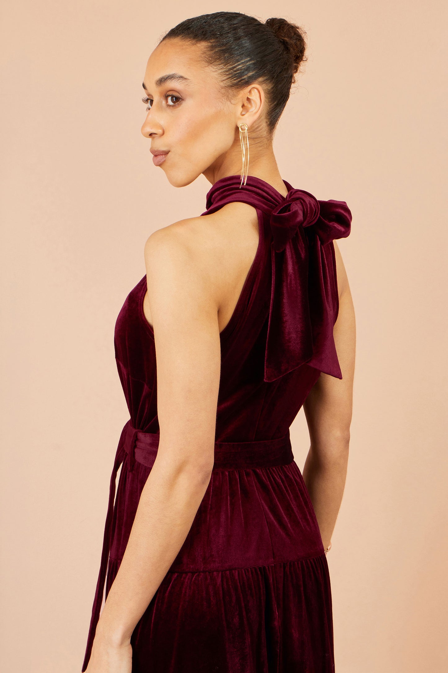 Yumi Burgundy Velvet Halter Midi Dress With Belt Dress Party Yumi