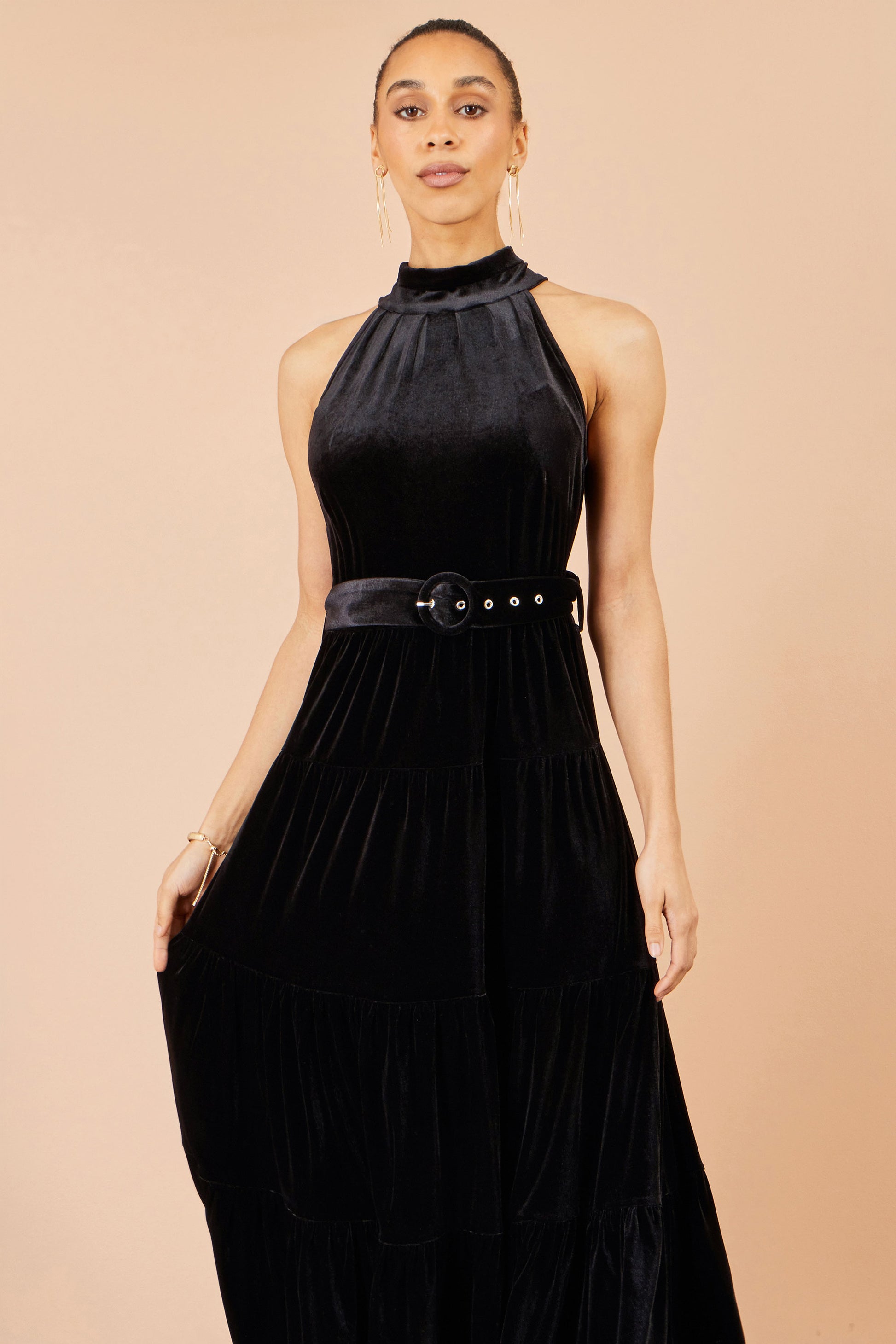 Yumi Black Velvet Halter Midi Dress With Belt Dress Party Yumi