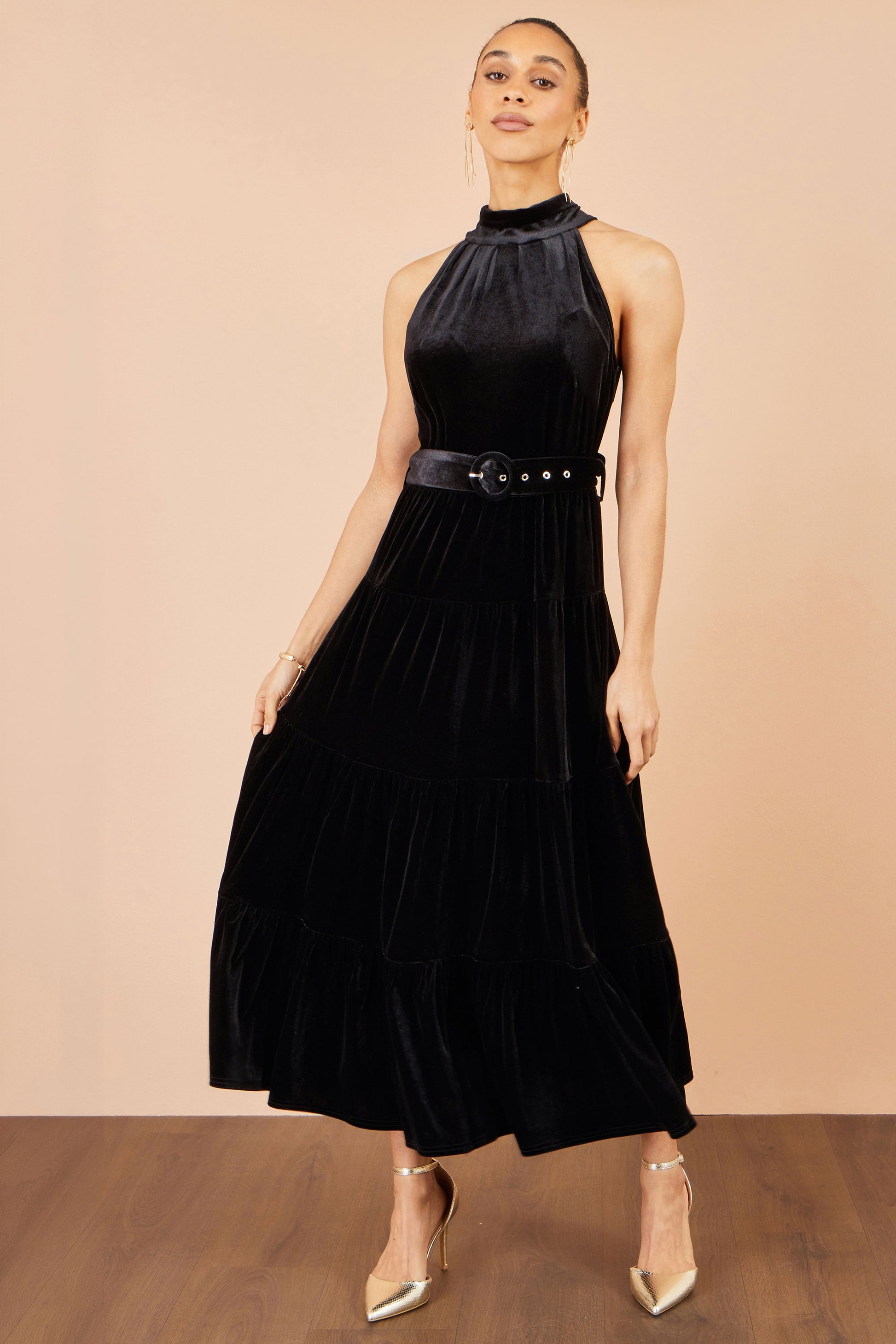 Yumi Black Velvet Halter Midi Dress With Belt Dress Party Yumi