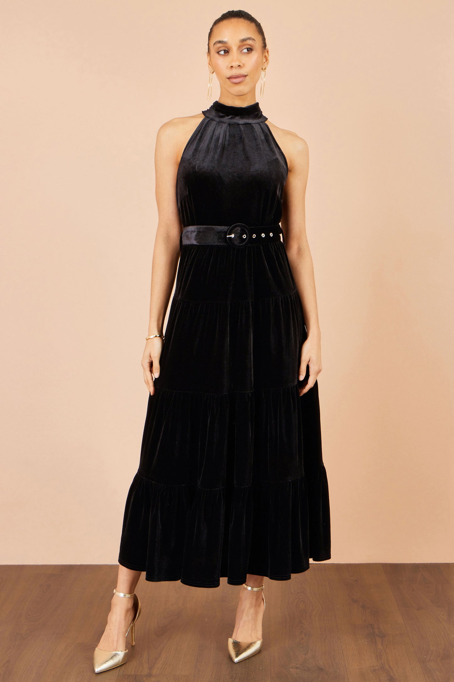 Yumi Black Velvet Halter Midi Dress With Belt Dress Party Yumi