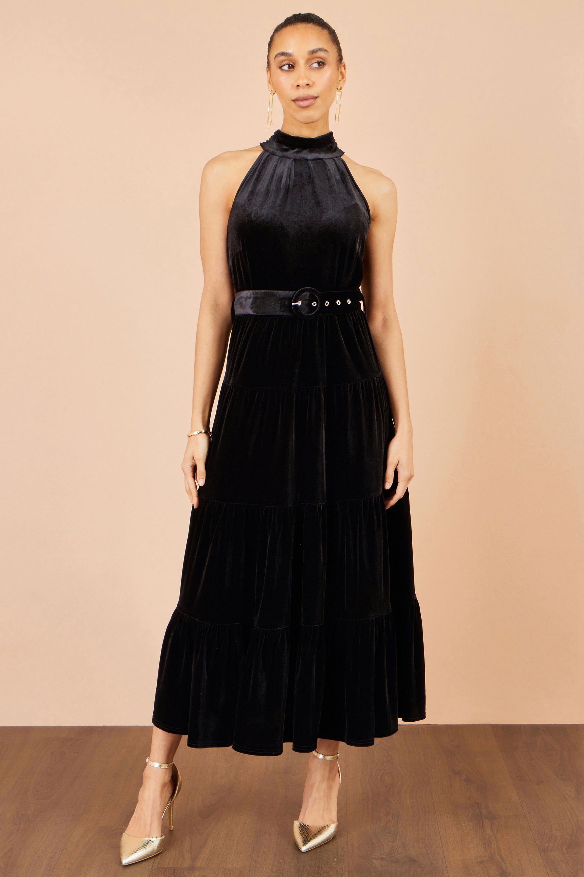 Yumi Black Velvet Halter Midi Dress With Belt Dress Party Yumi