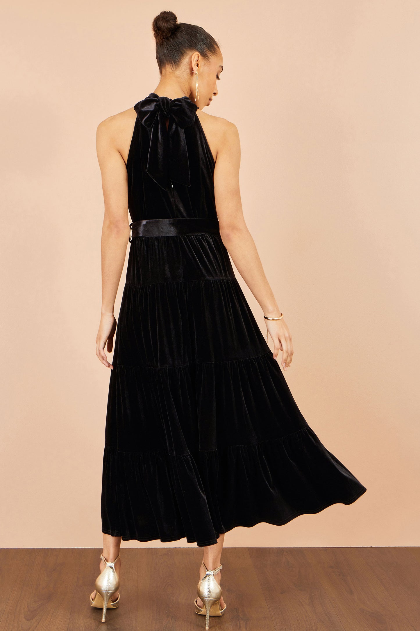 Yumi Black Velvet Halter Midi Dress With Belt Dress Party Yumi